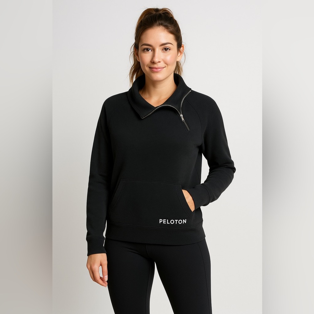 Peloton Asymmetrical Zip Sweatshirt S Black Ribbed‎ Pullover Logo Athleisure Top